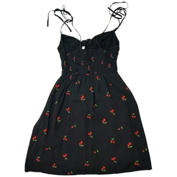 Wild Honey Black Cherry Print Tie Front Cutout Mini Dress XS Cottagecore Cute - Picture 2 of 7